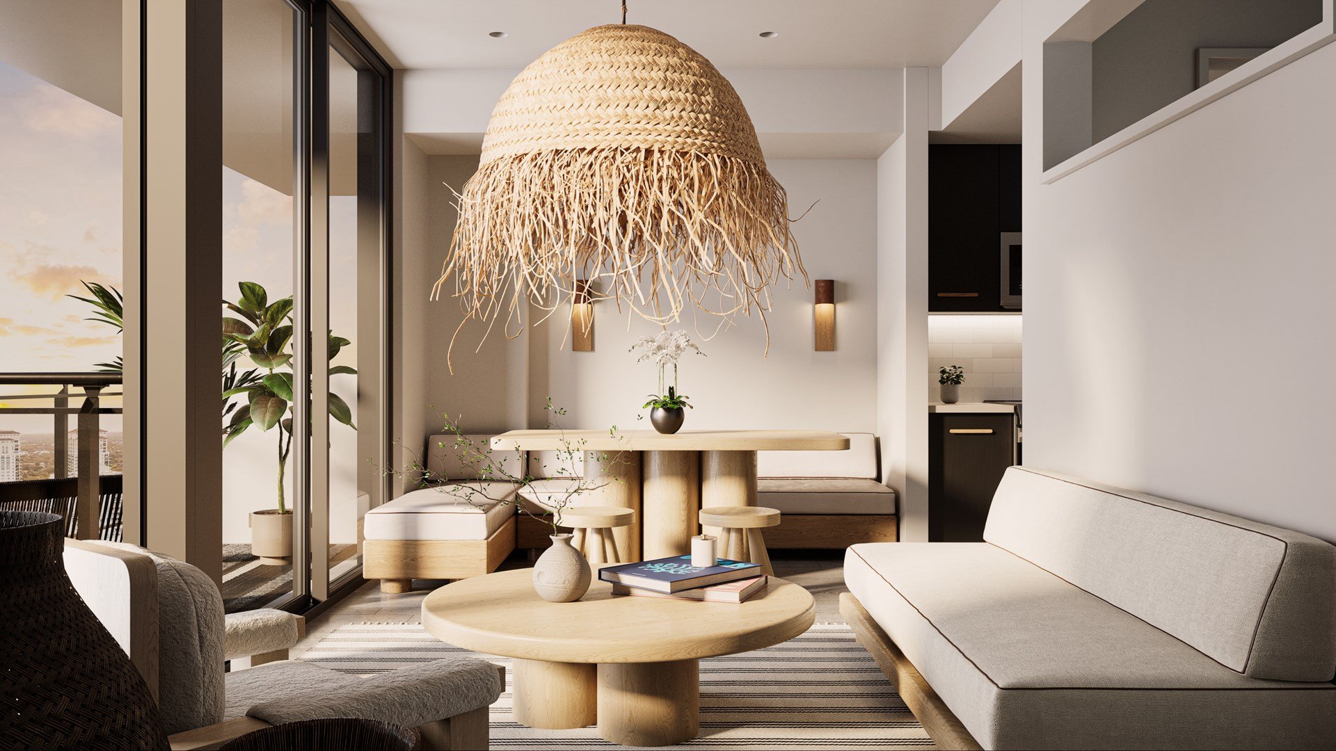 a living room with a rattan chandelier